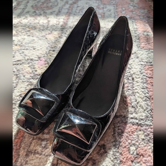 Stuart Weitzman Croc Embossed Leather Heels  Size 7.5 Square Toe Block Heel - Picture 6 of 7